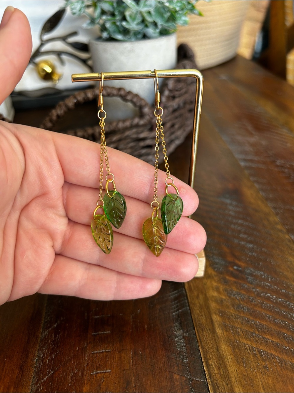 Gold Chain Leaf Drop Earrings in Green